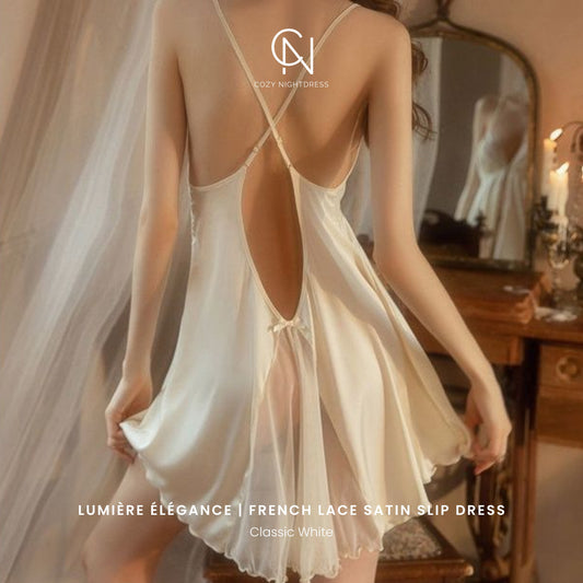 Lumière Élégance | French Lace Satin Slip Dress