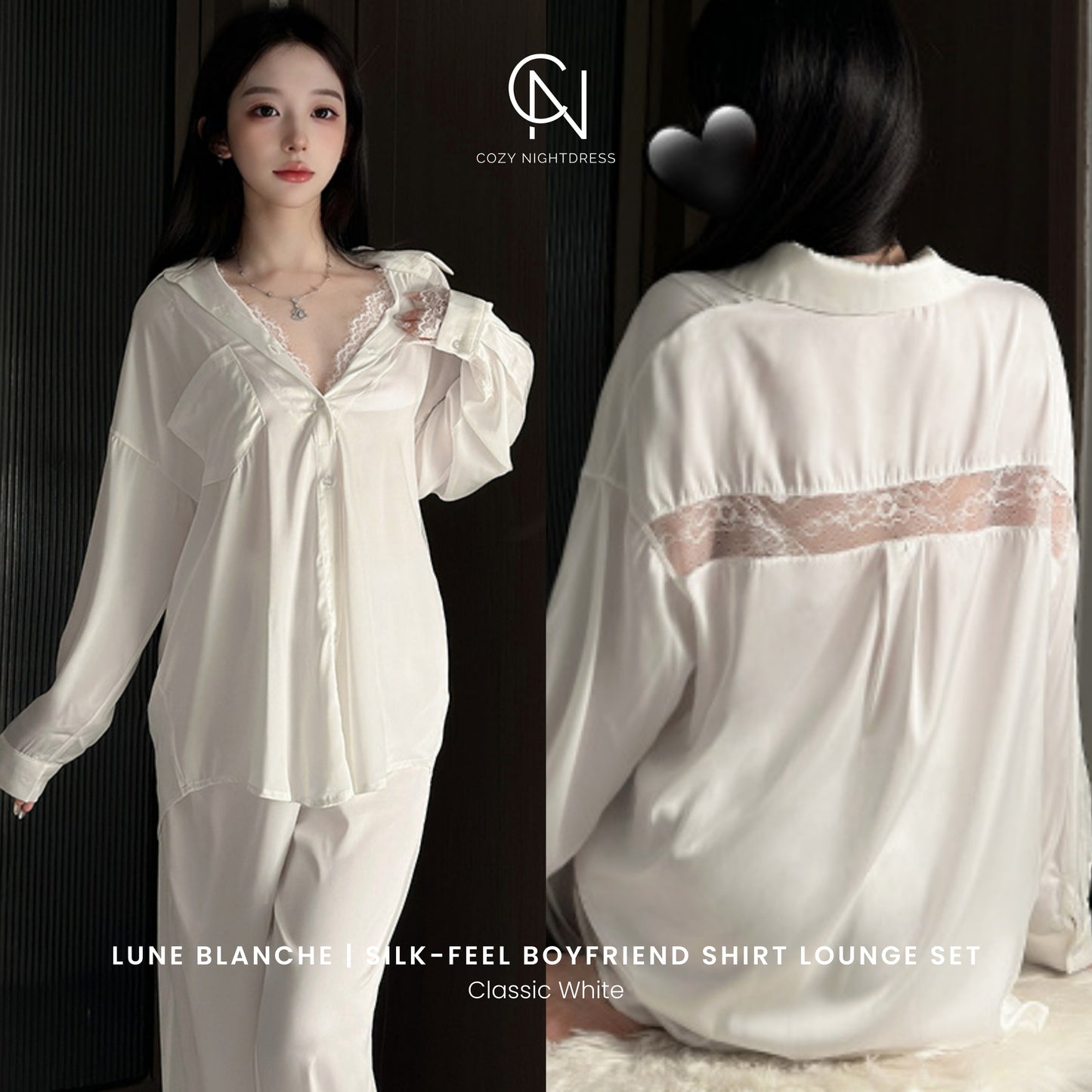 Lune Blanche | Silk-Feel Boyfriend Shirt Lounge Set