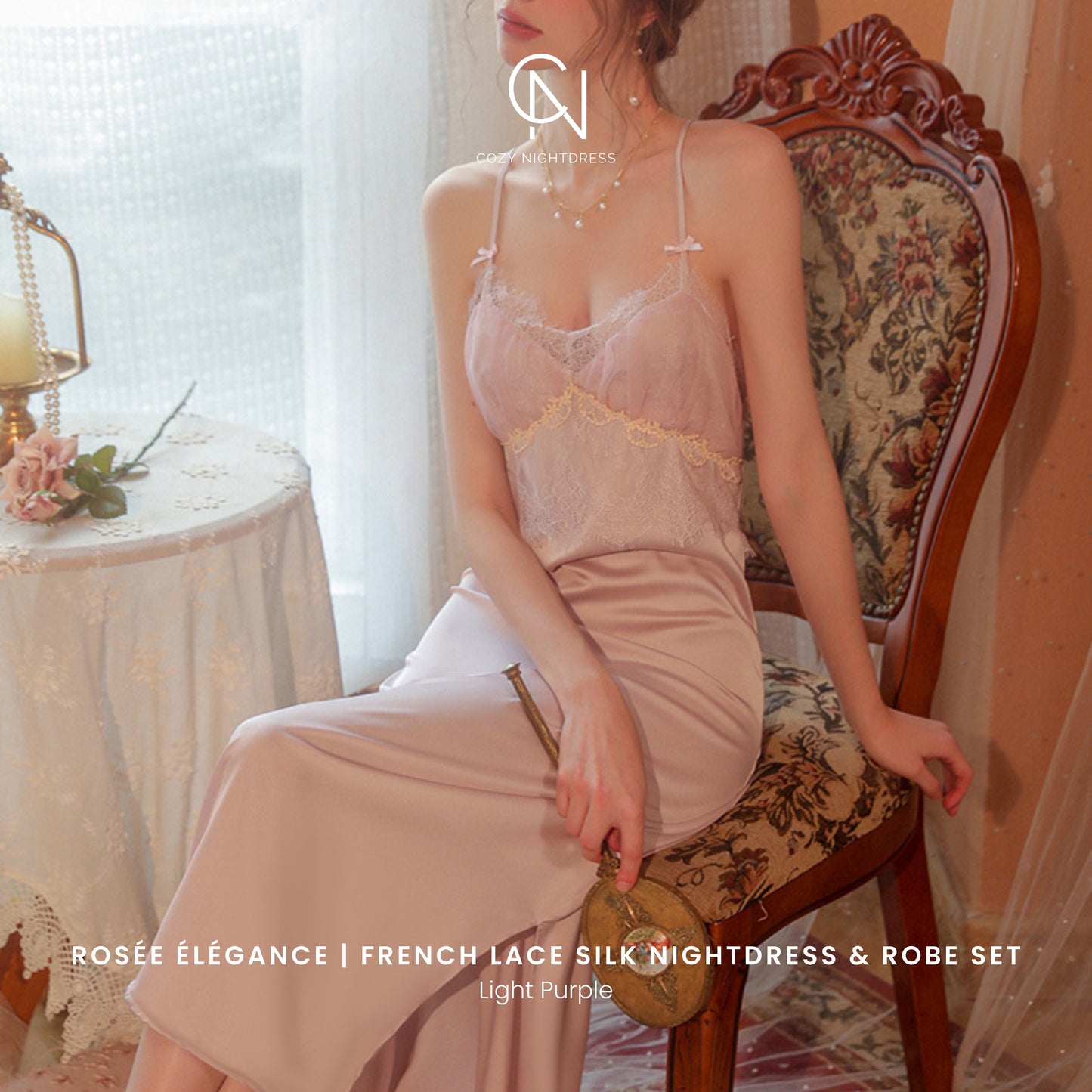 Rosée Élégance | French Lace Silk Nightdress & Robe Set