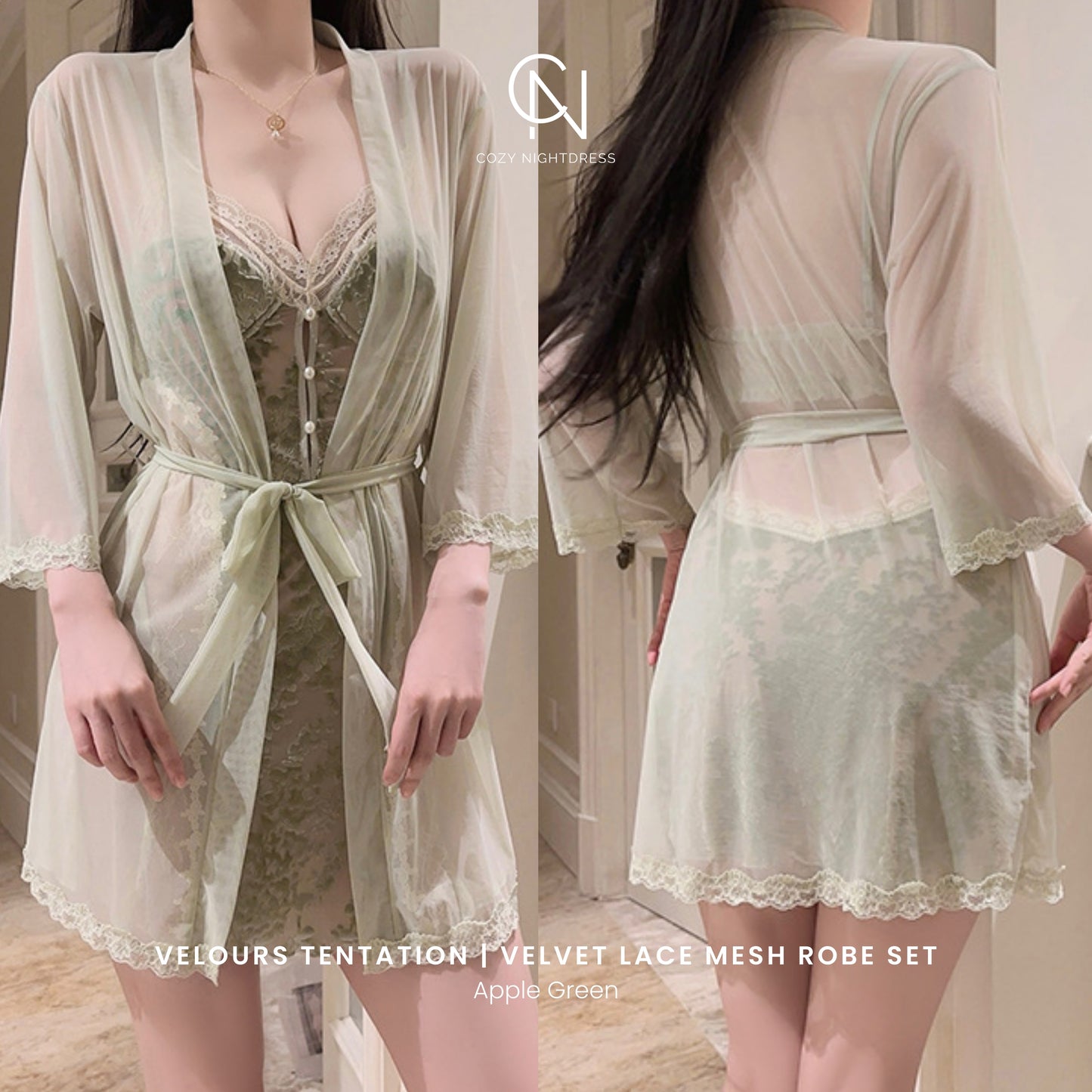 Velours Tentation | Velvet Lace Mesh Nightdress & Robe Set