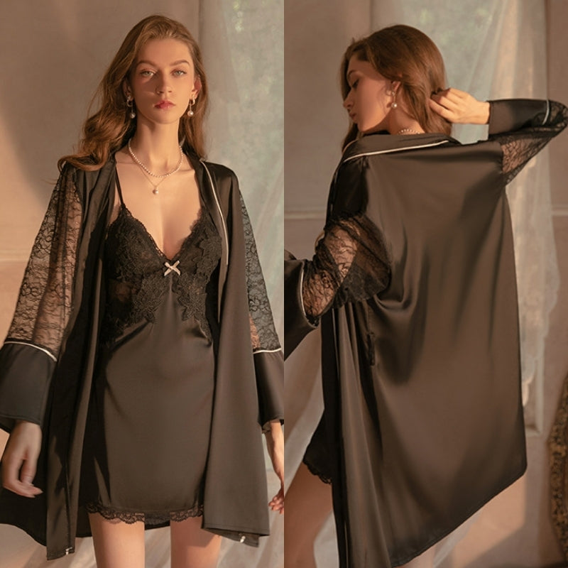 Amélie | Satin Lace Slip Dress Set with Matching Robe
