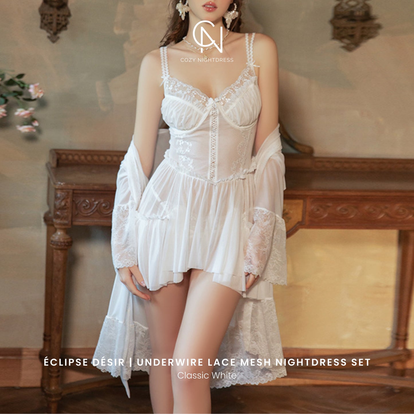 Éclipse Désir | Underwire Lace Mesh Nightdress Set