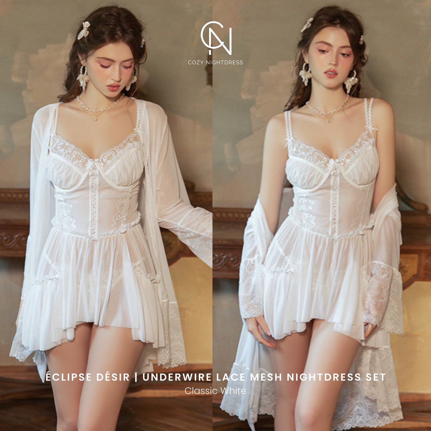 Éclipse Désir | Underwire Lace Mesh Nightdress Set