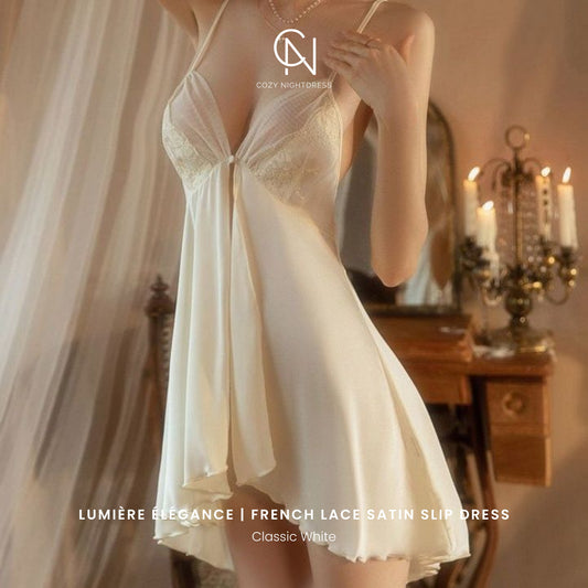 Lumière Élégance | French Lace Satin Slip Dress