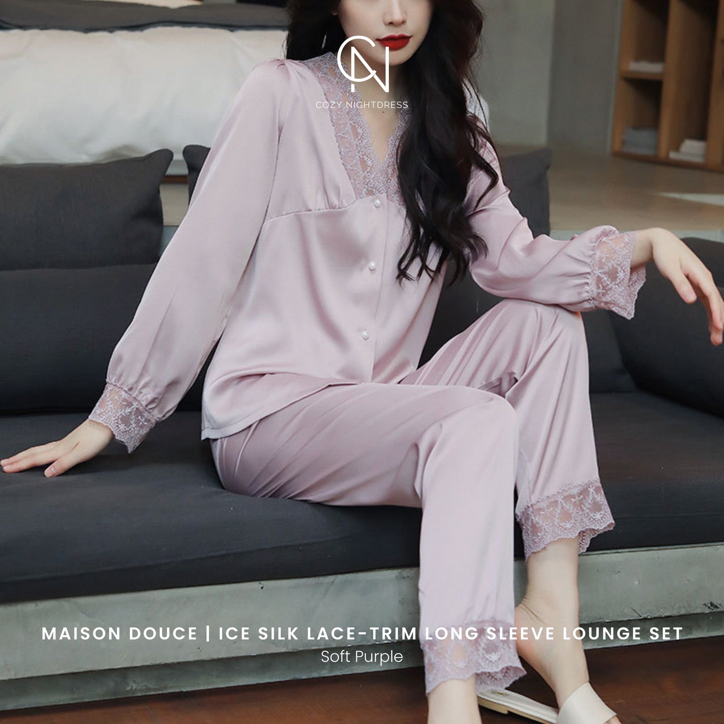 Maison Douce | Ice Silk Lace-Trim Long Sleeve Lounge Set
