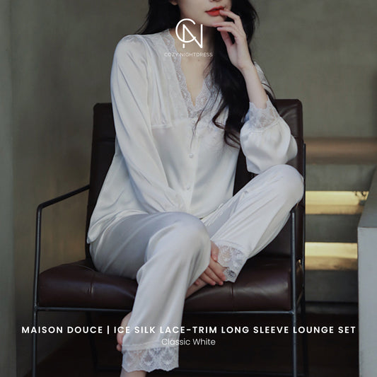 Maison Douce | Ice Silk Lace-Trim Long Sleeve Lounge Set