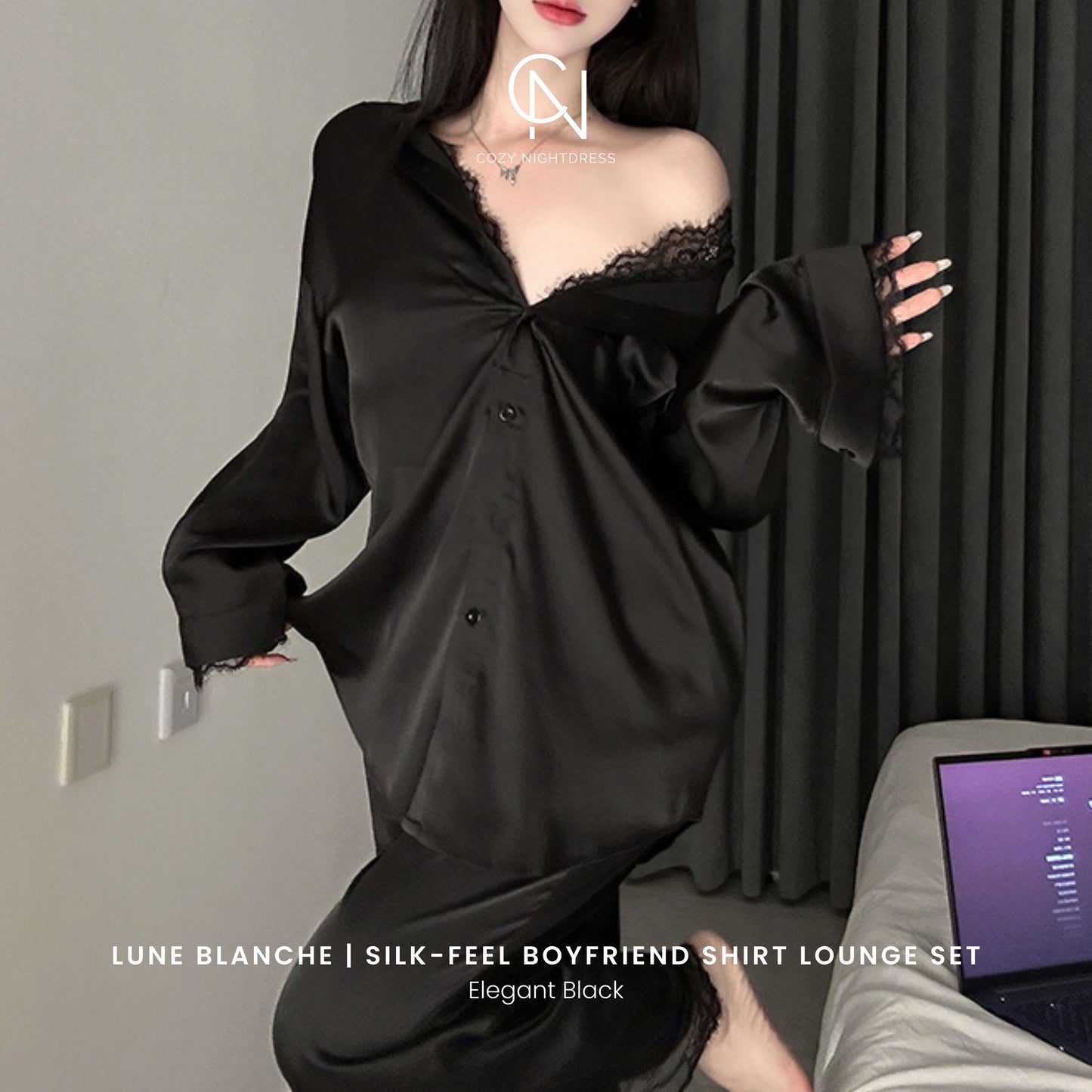 Lune Blanche | Silk-Feel Boyfriend Shirt Lounge Set