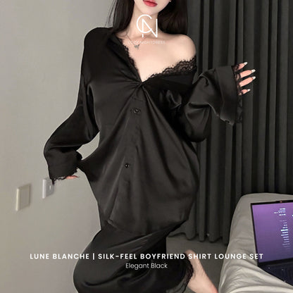 Lune Blanche | Silk-Feel Boyfriend Shirt Lounge Set