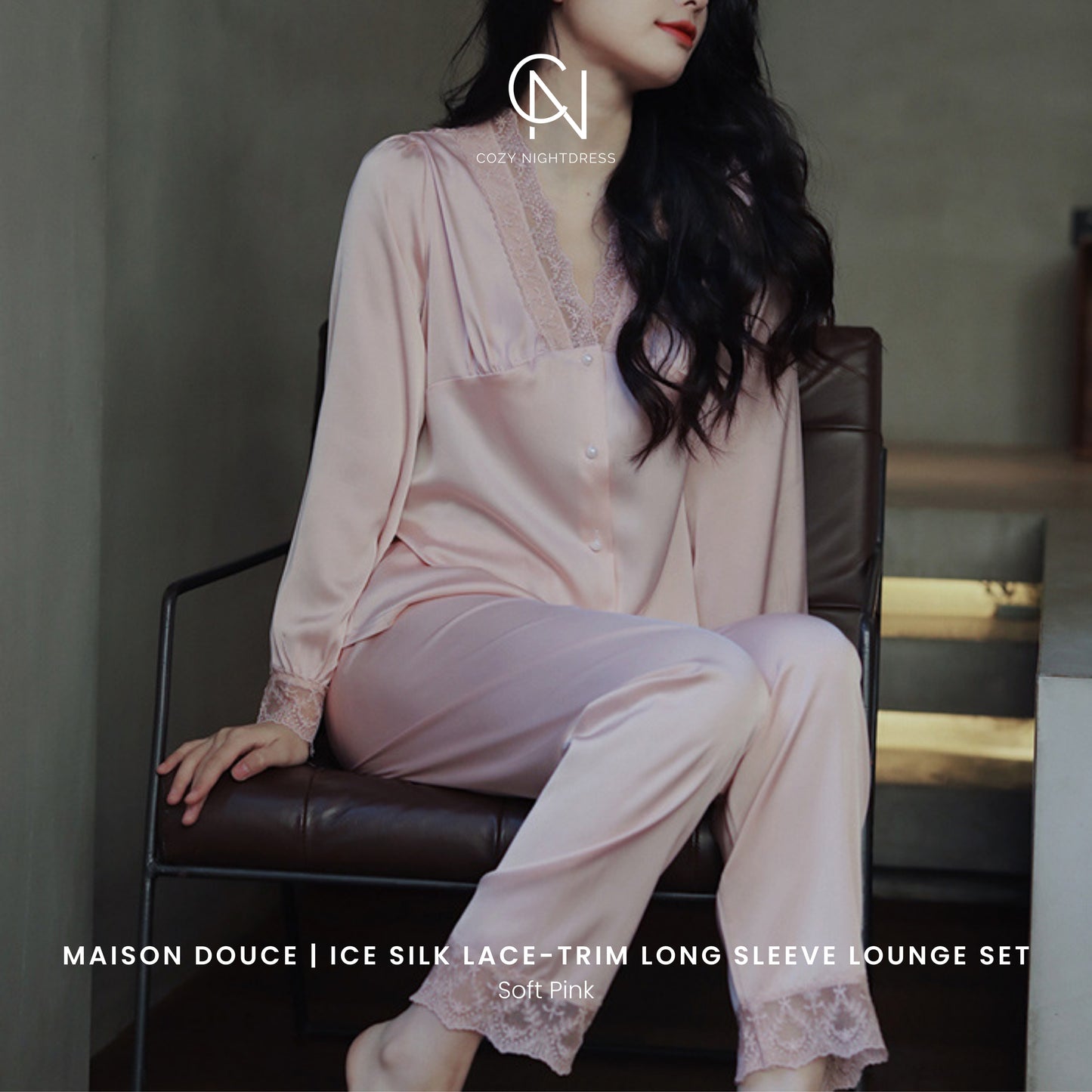 Maison Douce | Ice Silk Lace-Trim Long Sleeve Lounge Set