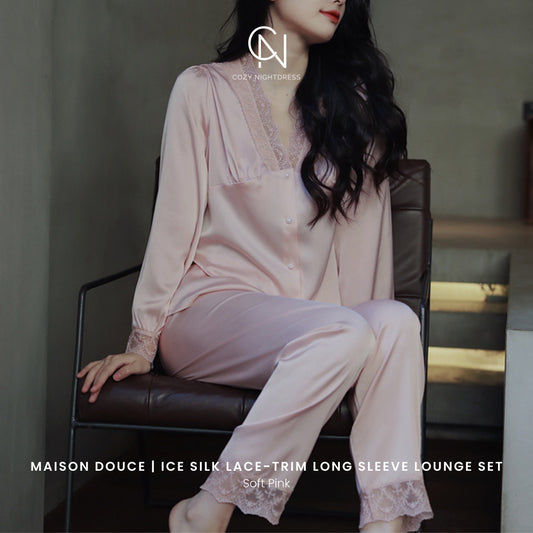 Maison Douce | Ice Silk Lace-Trim Long Sleeve Lounge Set