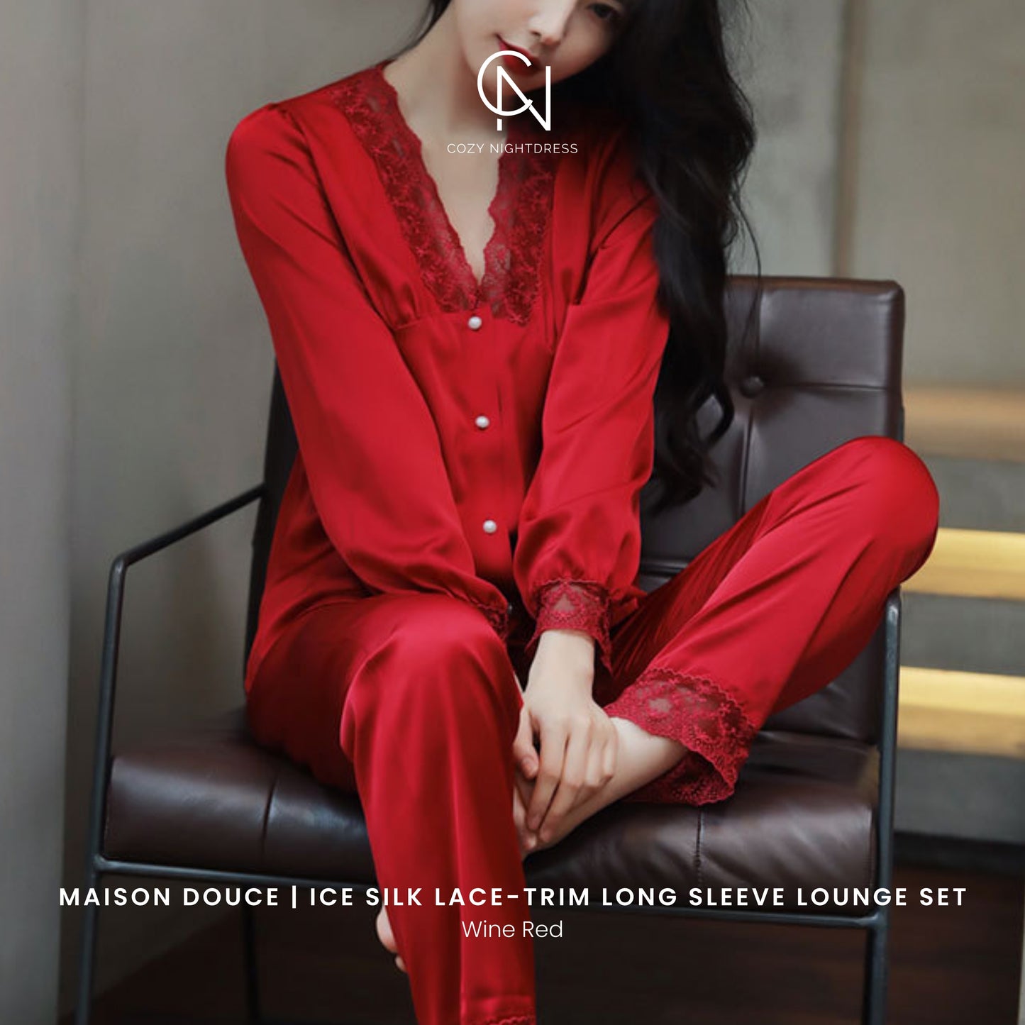 Maison Douce | Ice Silk Lace-Trim Long Sleeve Lounge Set