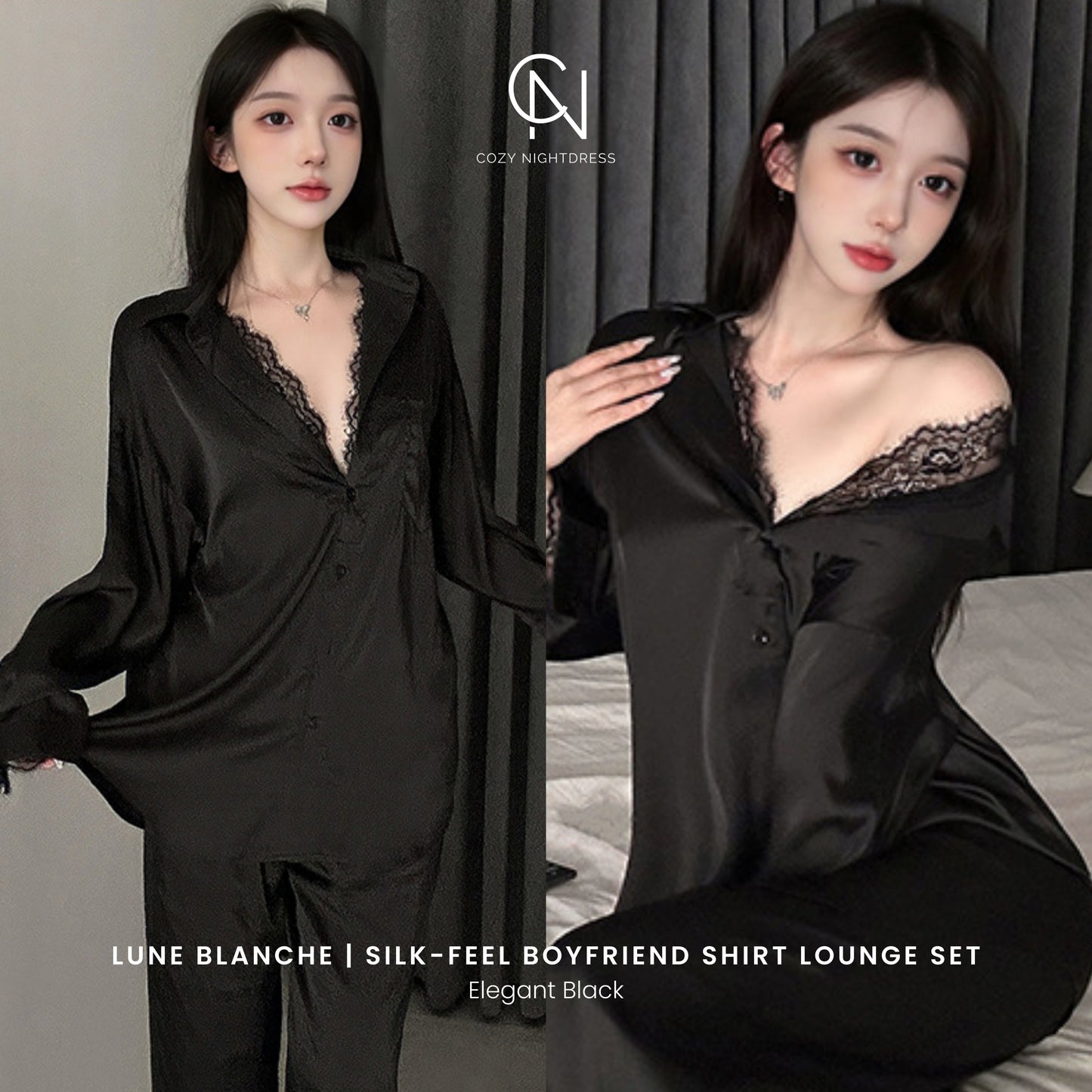 Lune Blanche | Silk-Feel Boyfriend Shirt Lounge Set