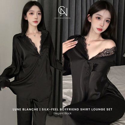 Lune Blanche | Silk-Feel Boyfriend Shirt Lounge Set