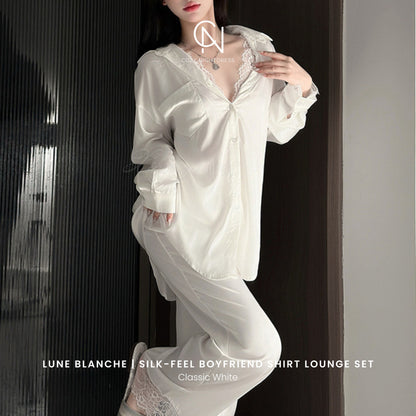 Lune Blanche | Silk-Feel Boyfriend Shirt Lounge Set