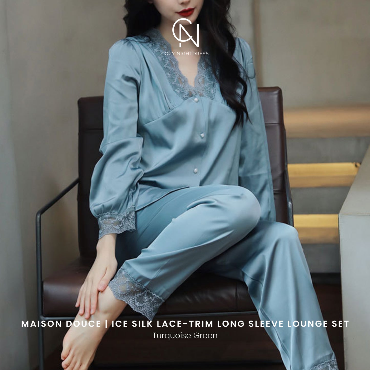 Maison Douce | Ice Silk Lace-Trim Long Sleeve Lounge Set