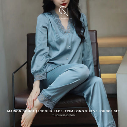 Maison Douce | Ice Silk Lace-Trim Long Sleeve Lounge Set