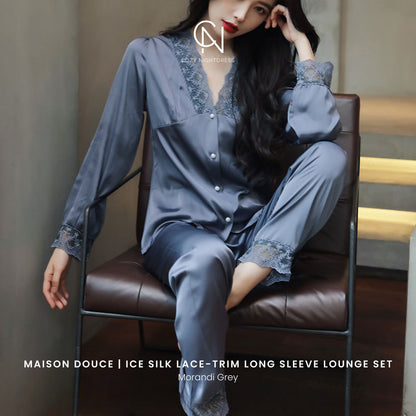 Maison Douce | Ice Silk Lace-Trim Long Sleeve Lounge Set