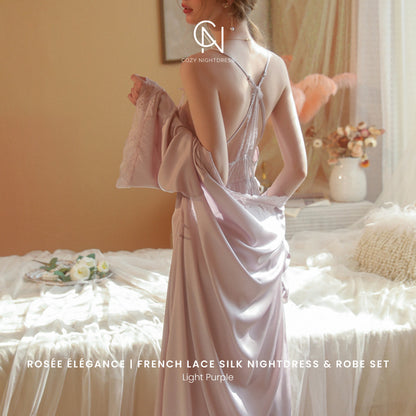 Rosée Élégance | French Lace Silk Nightdress & Robe Set