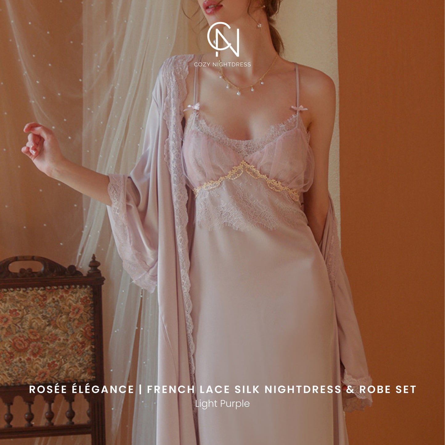 Rosée Élégance | French Lace Silk Nightdress & Robe Set