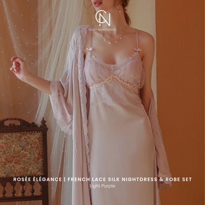 Rosée Élégance | French Lace Silk Nightdress & Robe Set