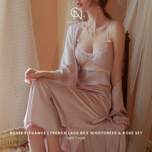 Rosée Élégance | French Lace Silk Nightdress & Robe Set