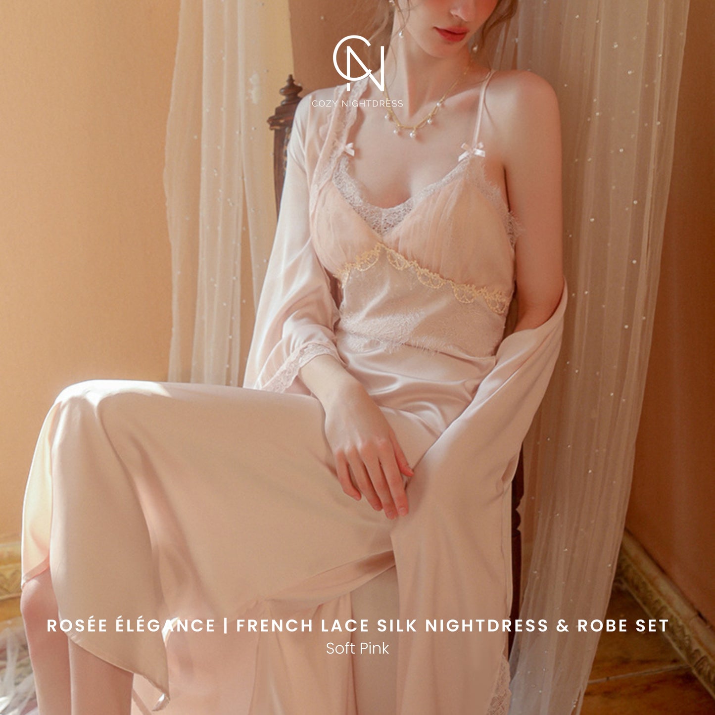 Rosée Élégance | French Lace Silk Nightdress & Robe Set