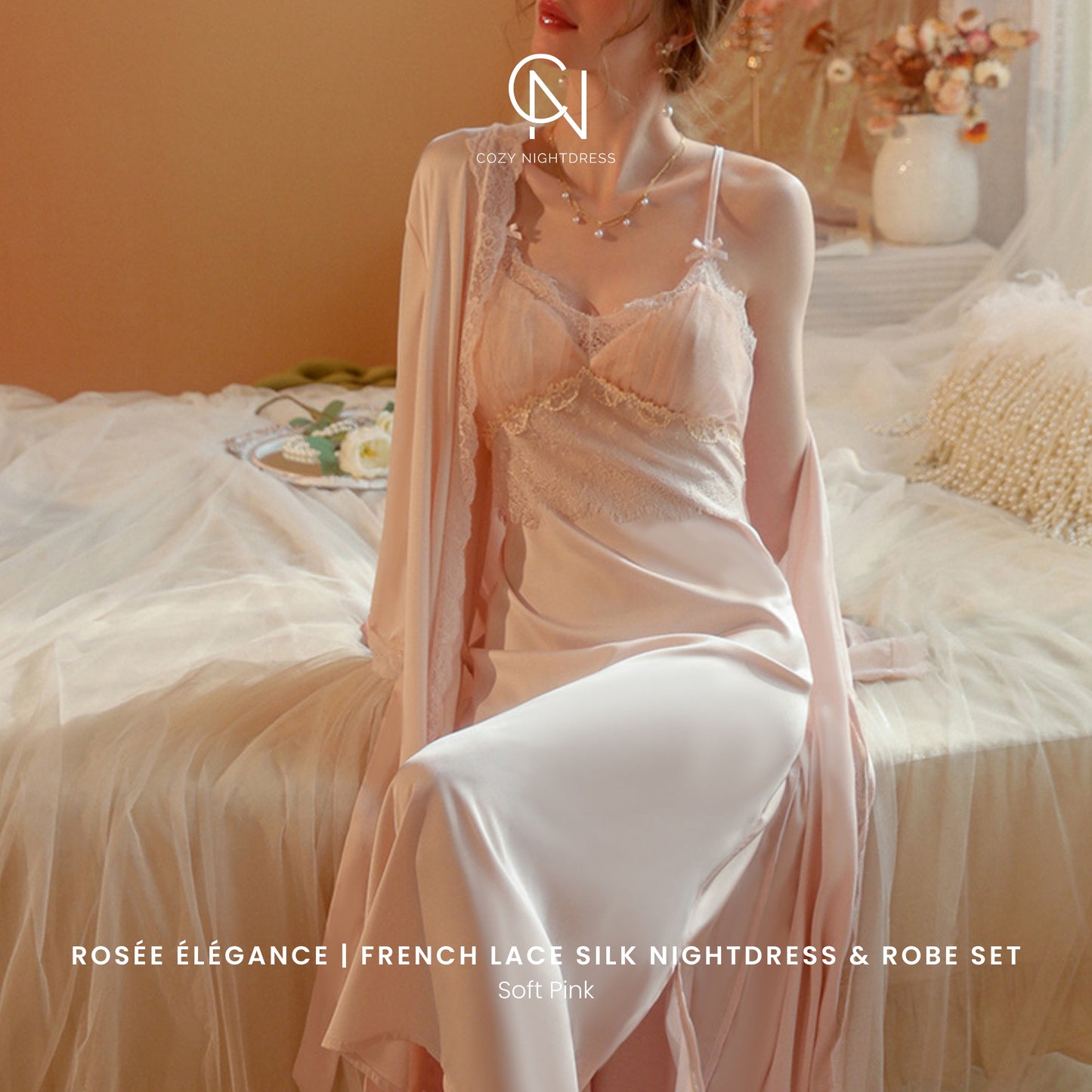 Rosée Élégance | French Lace Silk Nightdress & Robe Set