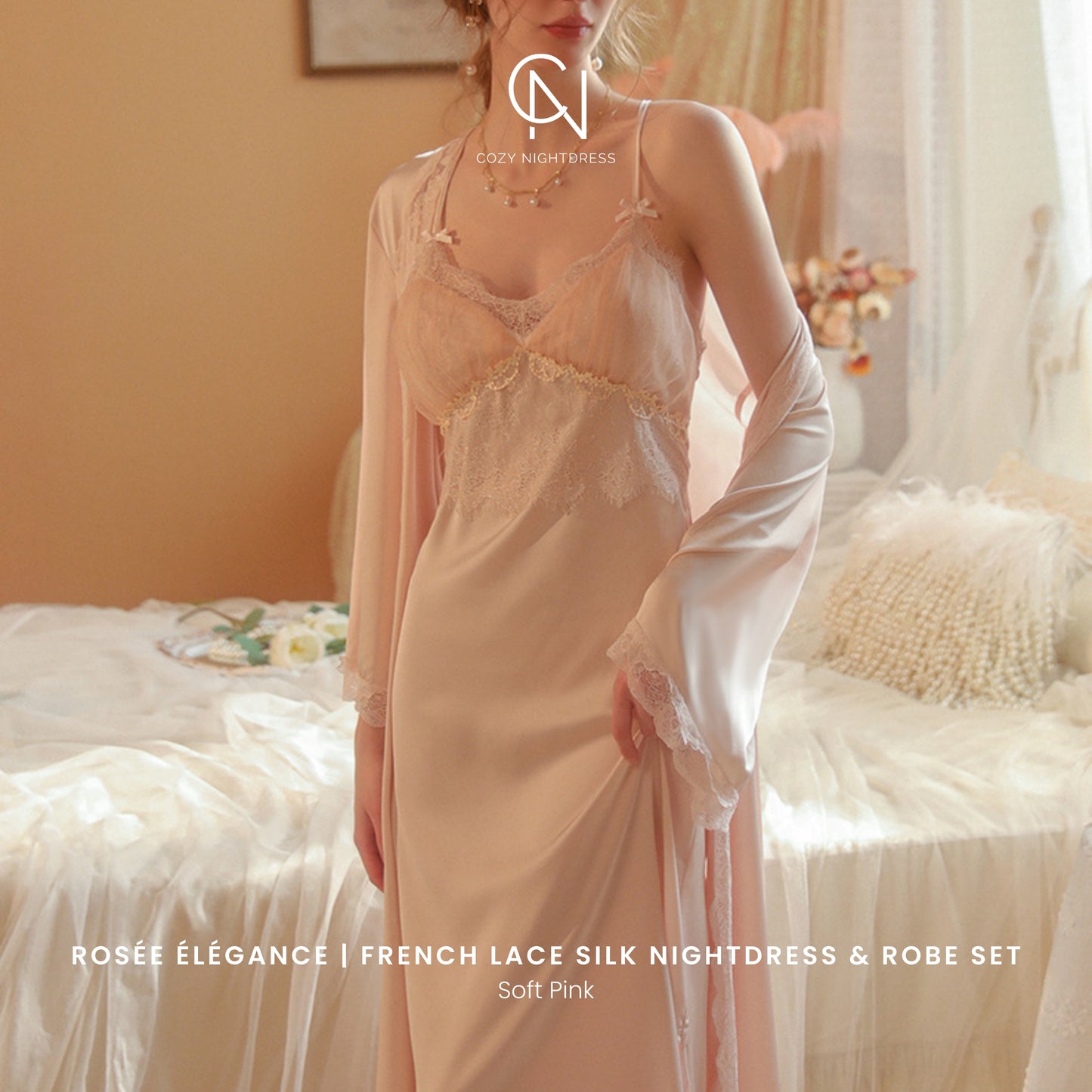 Rosée Élégance | French Lace Silk Nightdress & Robe Set