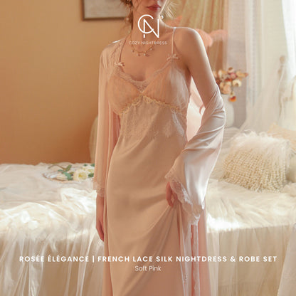 Rosée Élégance | French Lace Silk Nightdress & Robe Set