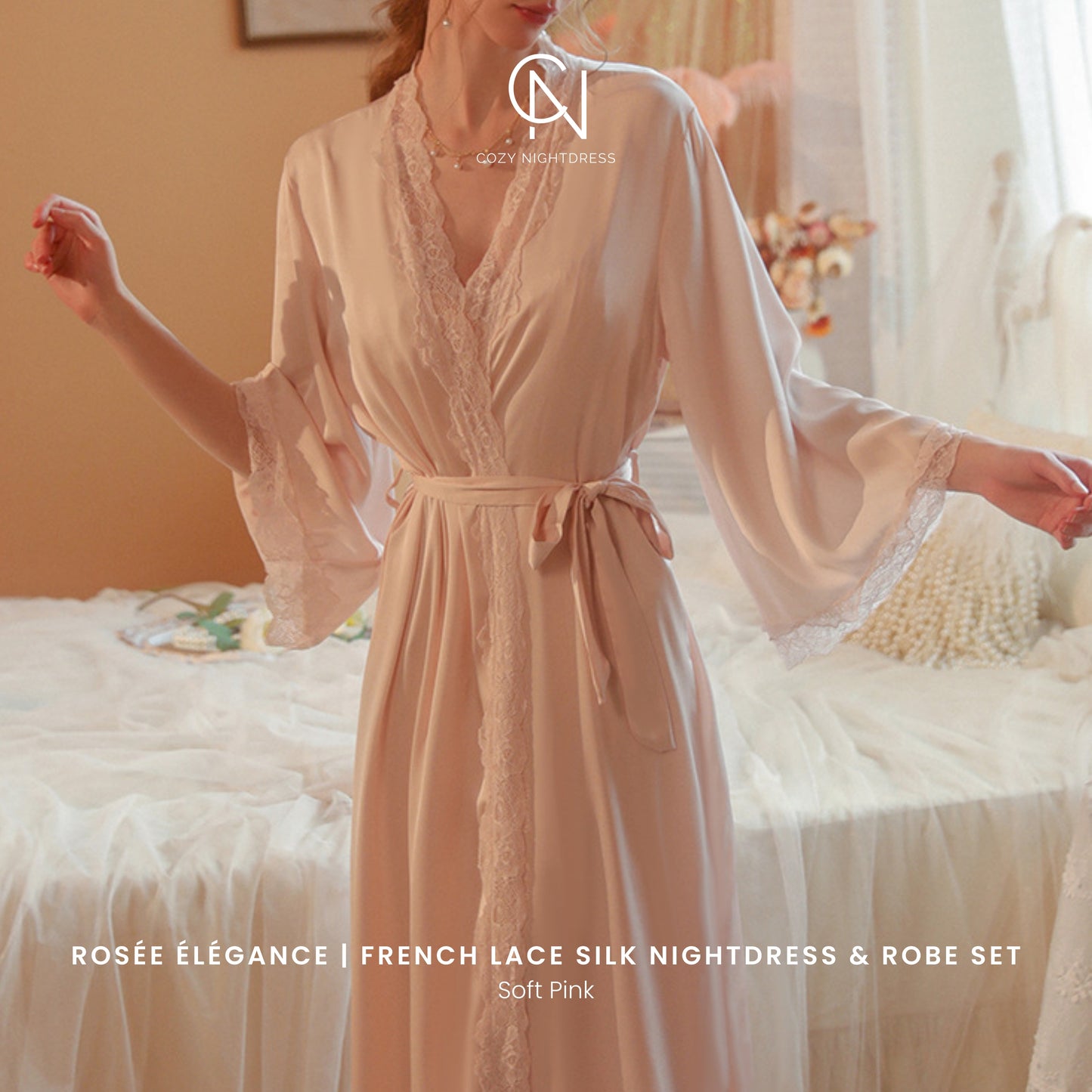 Rosée Élégance | French Lace Silk Nightdress & Robe Set