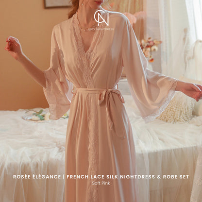 Rosée Élégance | French Lace Silk Nightdress & Robe Set