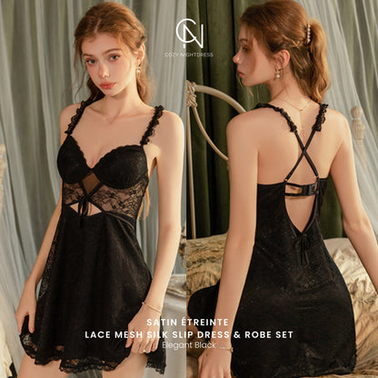 Satin Étreinte | Lace Mesh Silk Slip Dress & Robe Set