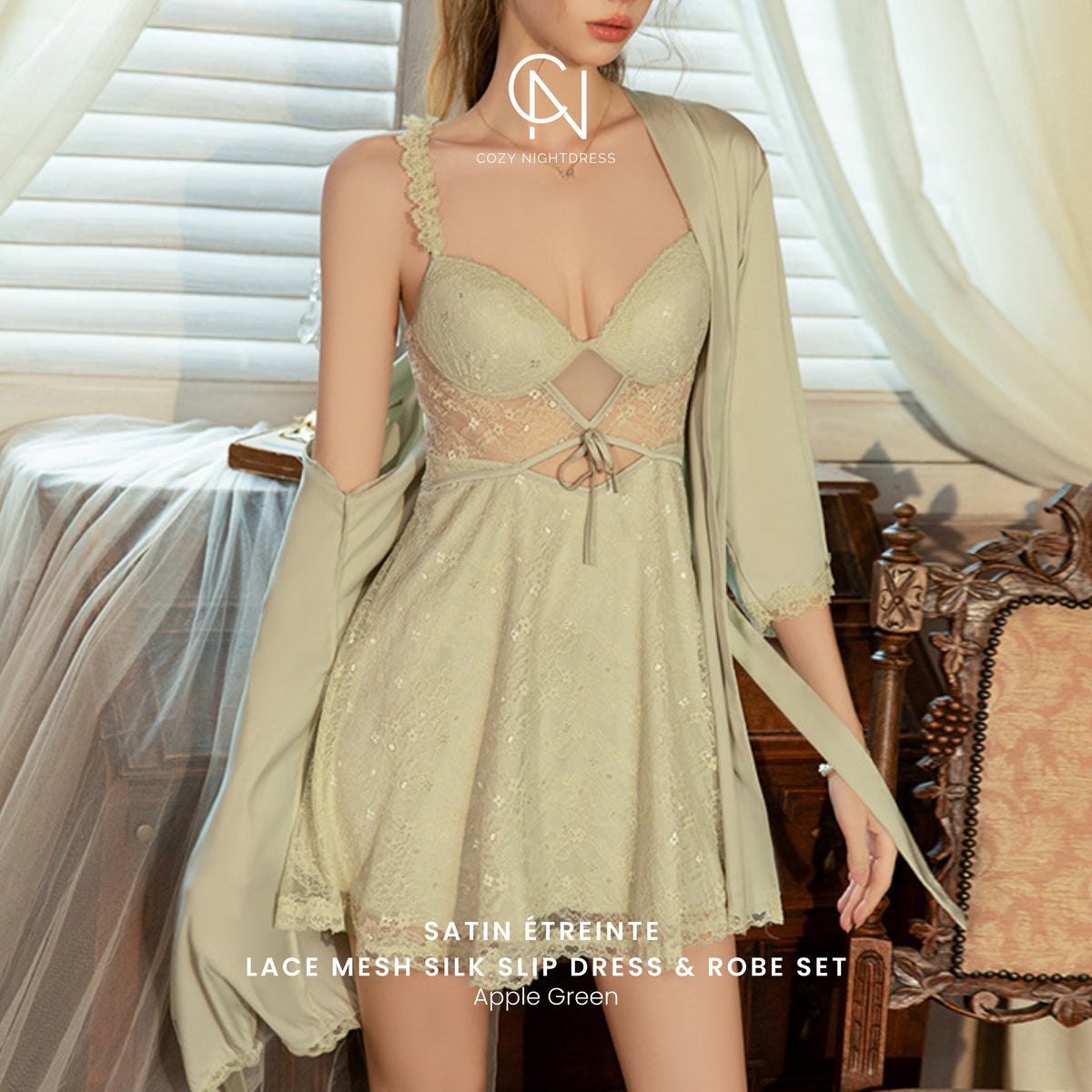 Satin Étreinte | Lace Mesh Silk Slip Dress & Robe Set