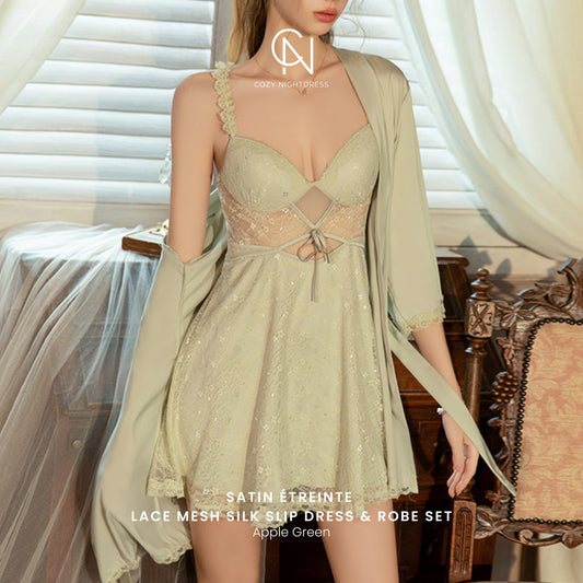 Satin Étreinte | Lace Mesh Silk Slip Dress & Robe Set