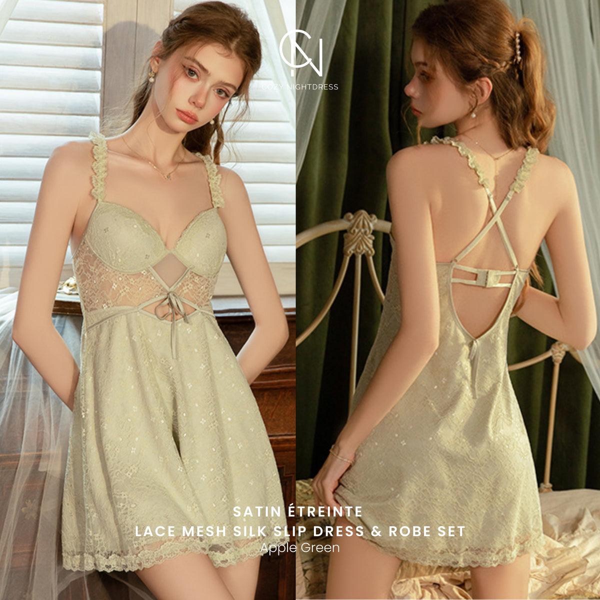 Satin Étreinte | Lace Mesh Silk Slip Dress & Robe Set