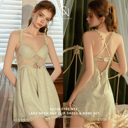 Satin Étreinte | Lace Mesh Silk Slip Dress & Robe Set