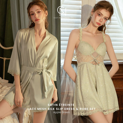 Satin Étreinte | Lace Mesh Silk Slip Dress & Robe Set