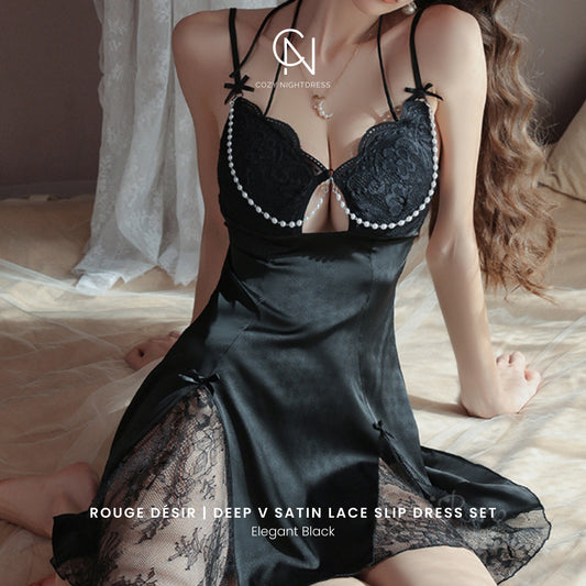 Rouge Désir | Deep V Satin Lace Slip Dress Set