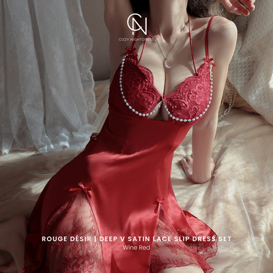 Rouge Désir | Deep V Satin Lace Slip Dress Set