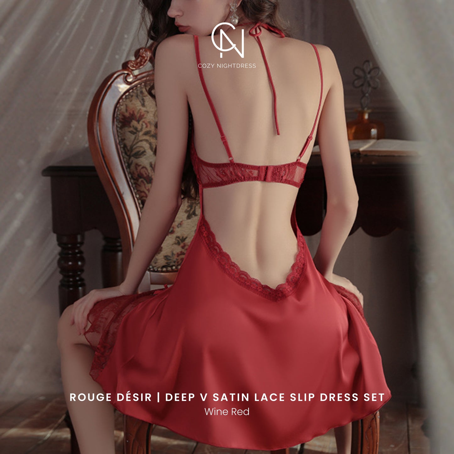 Rouge Désir | Deep V Satin Lace Slip Dress Set