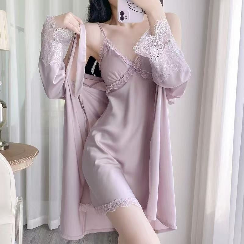 Serène Nuit | Ice Silk Slip Dress & Robe Set