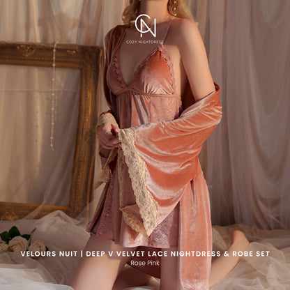 Velours Nuit | Deep V Velvet Lace Nightdress & Robe Set