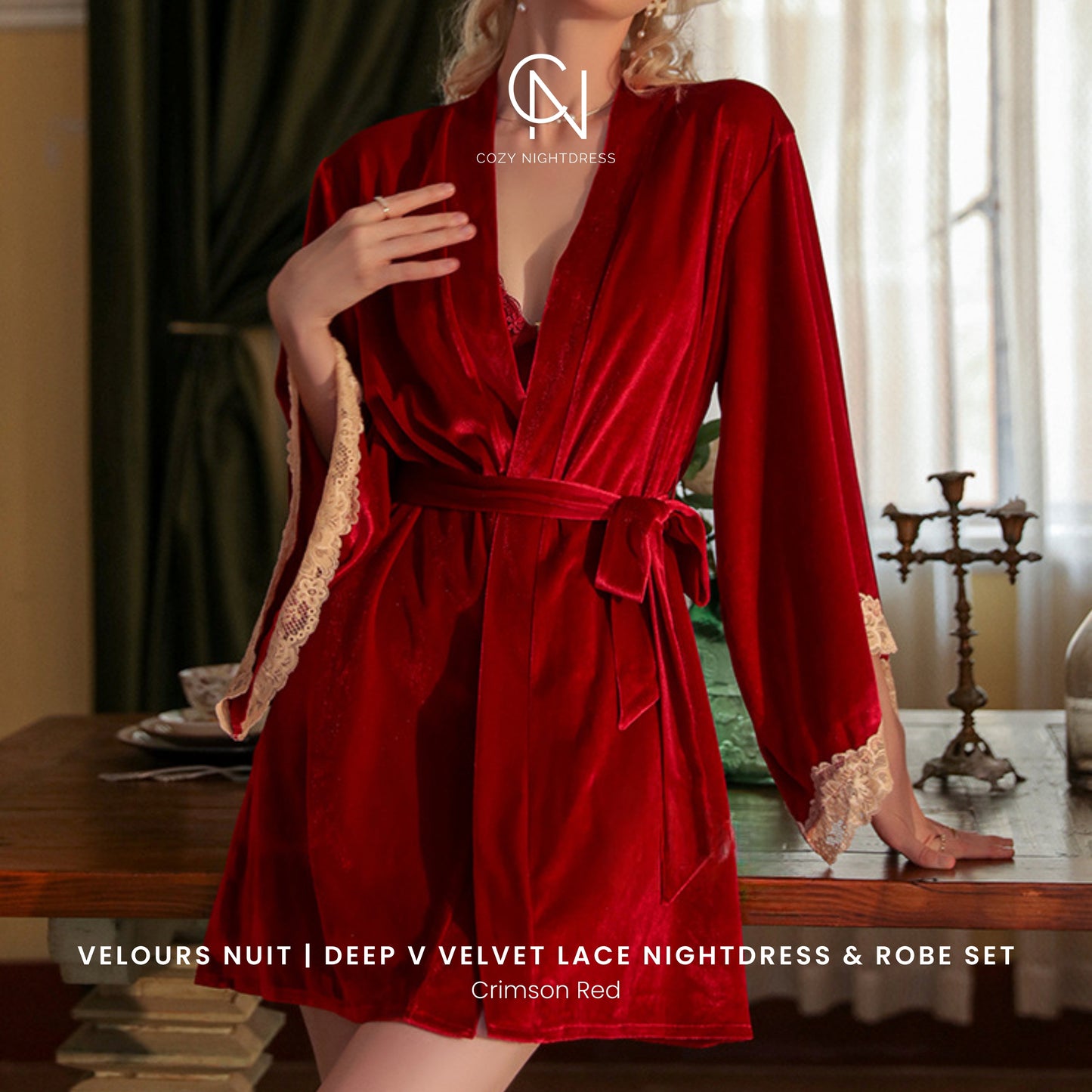 Velours Nuit | Deep V Velvet Lace Nightdress & Robe Set