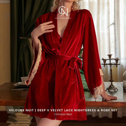 Velours Nuit | Deep V Velvet Lace Nightdress & Robe Set