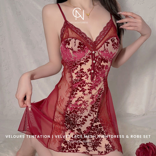 Velours Tentation | Velvet Lace Mesh Nightdress & Robe Set