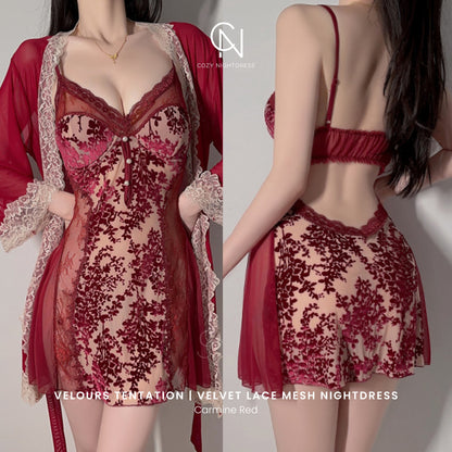 Velours Tentation | Velvet Lace Mesh Nightdress & Robe Set