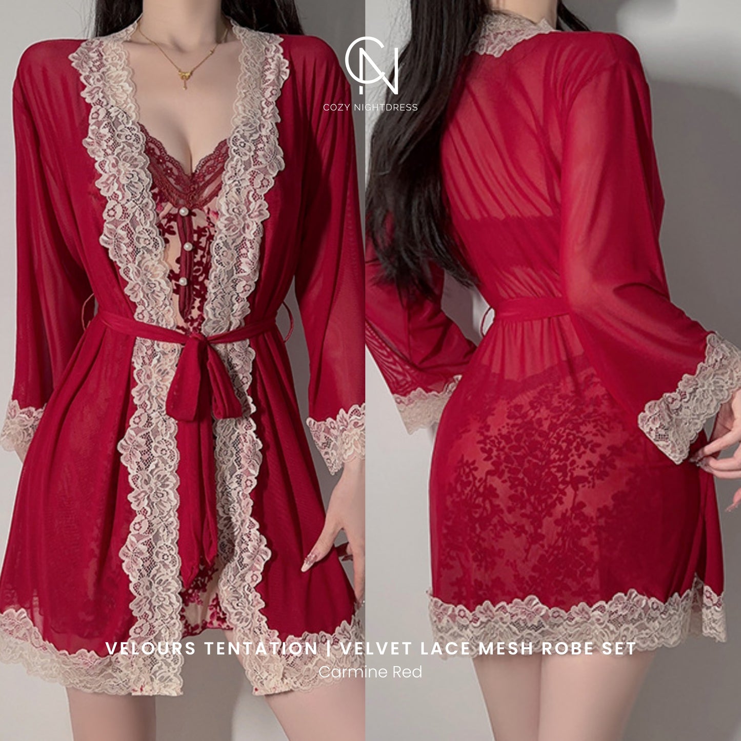 Velours Tentation | Velvet Lace Mesh Nightdress & Robe Set