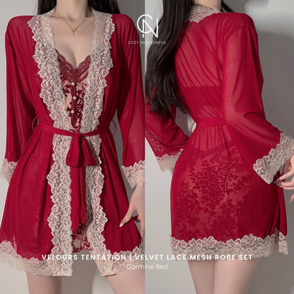 Velours Tentation | Velvet Lace Mesh Nightdress & Robe Set
