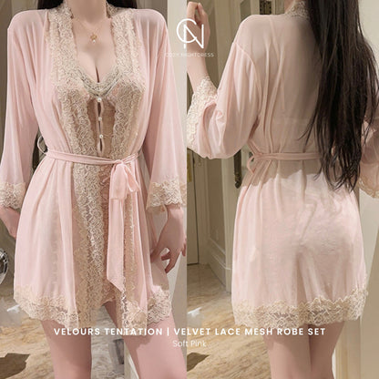 Velours Tentation | Velvet Lace Mesh Nightdress & Robe Set