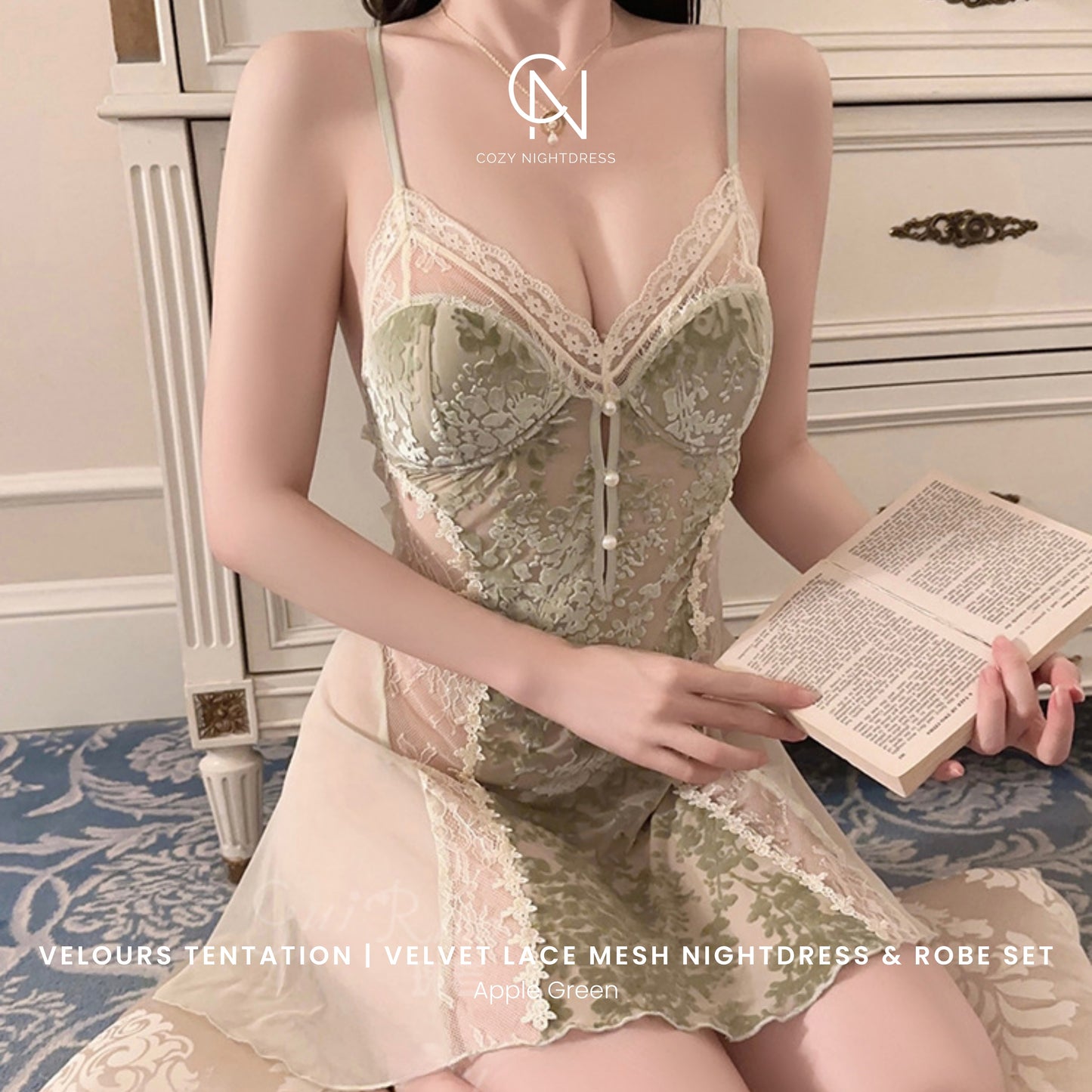 Velours Tentation | Velvet Lace Mesh Nightdress & Robe Set